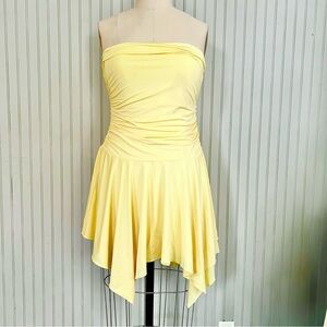 Butter yellow strapless ruched mini dress with asymmetrical hemline